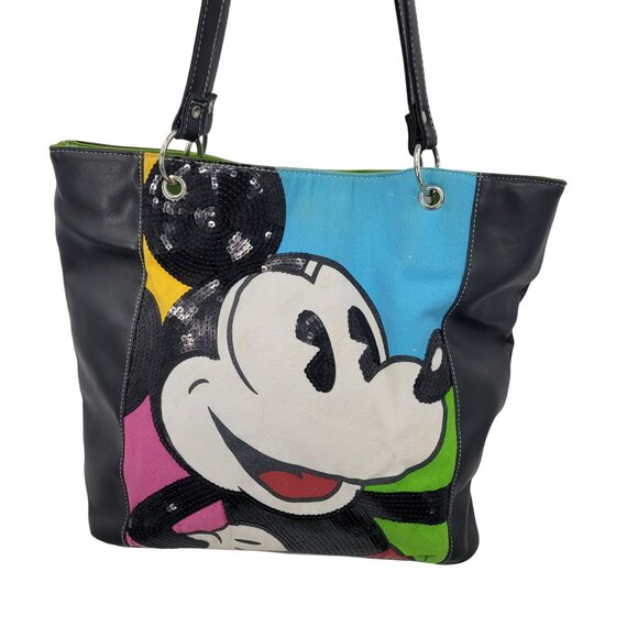 Disney World Park Resort Vegan Sequined Mickey Mouse Tote Bag Black Shoulder - Picture 1 of 11
